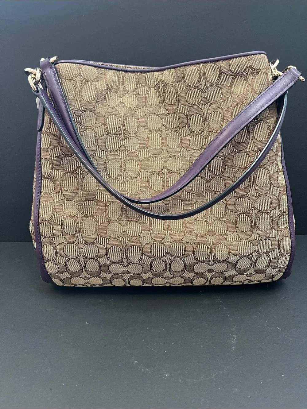 Coach Brown Signature Jacquard Shoulder Bag with Purple Trim. 3 compartments.GUC